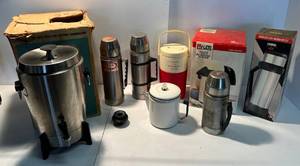 lot 120 image: Large Group Of Misc.Vintage Coffee Pots, Thermoses And More (Some NIB)