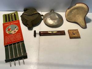 lot 127 image: Group Of Misc. Vintage Items Including Canteen, Mess Kit, Troxel Bike Seat And More