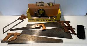 lot 128 image: Group Of Vintage Saws, Miter Box And Rockler Bits