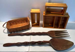 lot 135 image: Vintage Wooden Items Including Large Spoon, Fork, Longaberger Basket And More