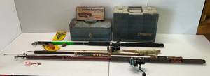 lot 143 image: Large Group Of Misc. Fishing Items Including Cane Poles, Pocket Fisherman, Vintage Tackle Box, Bobbers And More