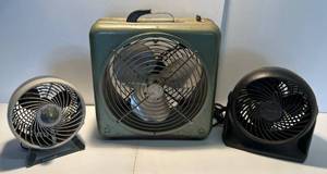 lot 90 image: Group Of Three Misc. Electric Fans 1 Vintage Atlas Aire Box Fan (Rust On Bottom)
