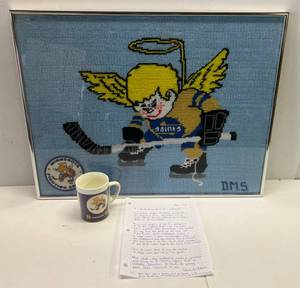 lot 154 image: 1975 Fighting Saints Framed Needle Point With Player Autographs On Back With Provenance Signed By Bruce Bouvreau And More