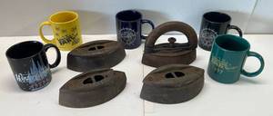 lot 155 image: Group Of Antique Flat Irons  & Vintage State Fair Mugs