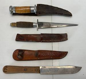 lot 171 image: Two Handmade Custom Knives, Two Leather Sheaths And More