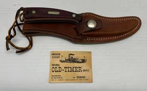 lot 182 image: Schrade Old Timer Fixed Blade Knife With Sheath U.S.A. 152 3 12 Blade