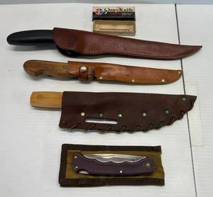 lot 186 image: Group Of Misc. Vintage Knives With Leather Sheaths Including Bucklite Knife, Fillet Knives And More
