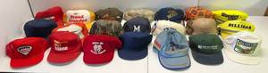 lot 196 image: 21 Vintage Used Snapback Hats With Misc. Advertisement (Slight Old Smell)