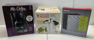 lot 212 image: NIB Mr. Coffee Machine, Philippe Richard 6 Qt. Aluminum Pressure Cooker And Vernado Replacement Filter Multi Pack Fits AC350-AC550 Air Purifiers