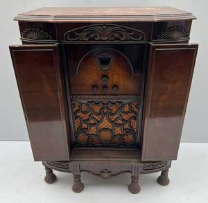 lot 248 image: Vintage Ornate Wood Grebe Tube Radio Cabinet (Scuffs, Scratches And Worn Stain Present) With Extra Parts