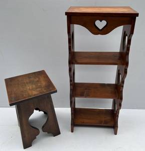 lot 249 image: Vintage Wooden Stool And Heart Shelf