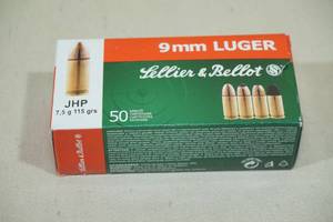 lot 90 image: 50 Sellier & Bellot 9mm Luger 115 Gr JHP Ammo