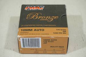 lot 86 image: 25 PMC Bronze 10mm Auto 170 Gr JHP Ammo