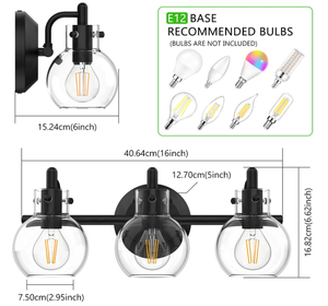 FOLKSMATE Modern 3-Lights Matte Black Wall Sconce Bathroom Vanity Light Fixture