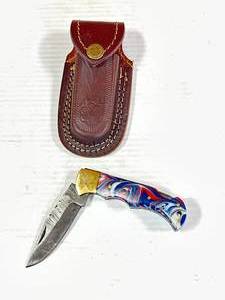Custom Damascus Knife w Leather Sheath 6 � Overall Length