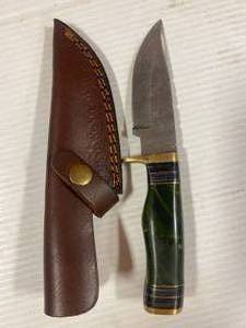 Custom Made Damascus Knife with Leather Sheath 8 Inches