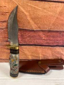 Custom Made Damascus Knife with Leather Sheath 8 Inches