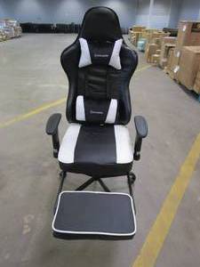 lot 13 image: Von Racer Black & White Massage Gaming Chair with Pillows & Lumbar Support (SLIGHT TEAR ON THE BACK, MISSING USB ADAPTER)