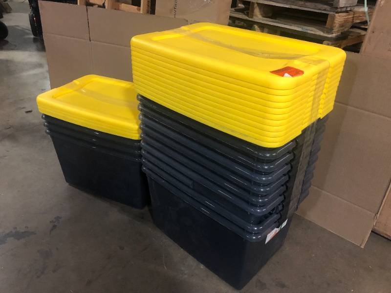 64 Qt. Latching Storage Box in Gray Tint with Yellow Lid