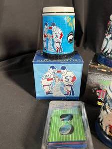 lot 132 image: Twins Collectors Stein, Light Switch Plate, Pins, Globe