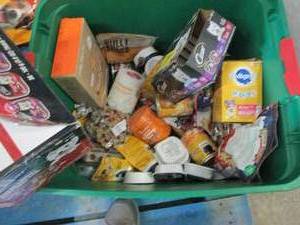 lot 340 image: Tote of Assorted Dog Food & Treats...