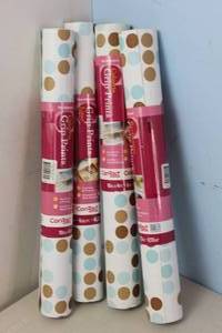 lot 170 image: NEW - 4 ROLLS Con-Tact 04F-C7HT4-06 Shelf Liner Grip Prints 4 ft. L X 18 W BlueBrown Polka Dots Non-Adhesive BlueBrown 790444018579
