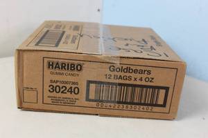 lot 178 image: Sealed Case of Haribo Gummi Candy 12 Bags x 4oz Best Before 32023