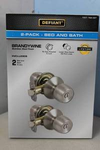 lot 128 image: NEW - Defiant Brandywine Stainless Steel BedBath Door Knob (2-Pack) 050134004863 MSRP $19.00