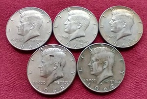 (5) 40% Silver Kennedy Half Dollars