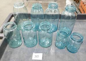lot 30 image: 9 great condition Antique Blue Ball Mason Jars - includes 3 Ls and No underline