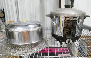 lot 32 image: Vintage Sunbeam deep fryer with new electrical cord and cake plate with dome