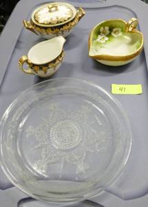 lot 41 image: Vintage hand painted Nippon creamer sugar and candy bowl and Fire King pie plate