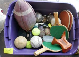 lot 102 image: Tote full of baseballs, hockey pucks, ping pong, football