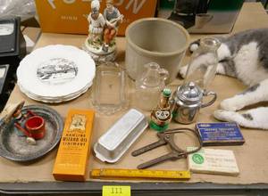 lot 111 image: Group of Vintage items including a Crock and Wizard Oil