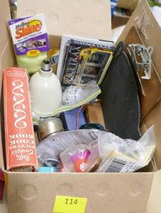 lot 114 image: Box of Misc items Including a pig chalk board, new phone
