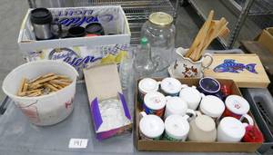 lot 141 image: Misc group of coffee cups, clothes pins, shot glasses, cups, etc
