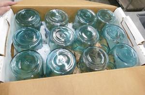 lot 144 image: Case of 12 perfect condition blue Ball Mason Quart canning jars