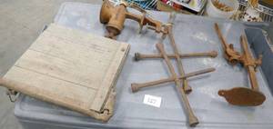 lot 157 image: Lot of vintage primitives, paper cutter, tire irons, bottle capper, grinder