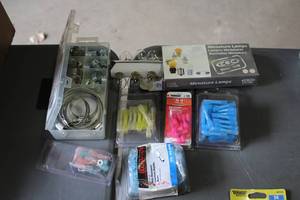 lot 530 image: Lot of (7) Hardware Sets - Miniature Lamps, Hose Clamps, Wire Terminals and Connectors