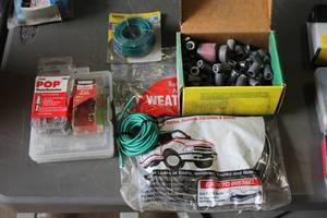 lot 531 image: Lot of (7) Hardware Sets - Wire, Pop Rivets, Clamps, Anchors, Tape, Door Seal
