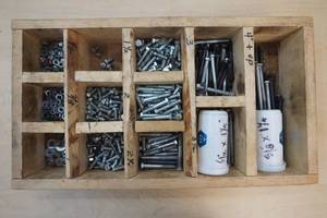 Nuts and Bolts with Wooden Bin