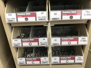 6 BIN CABINET WITH ASSORTED STAINLESS WASHERS