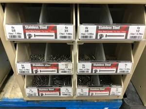 6 BIN CABINET WITH ASSORTED STAINLESS SHEET METAL SCREWS