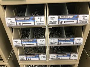 6 BIN CABINET WITH ASSORTED STAINLESS MACHINE SCREWS