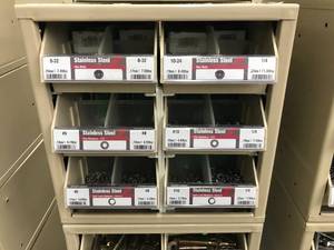 6 BIN CABINET WITH ASSORTED HEX NUTS AND WASHERS