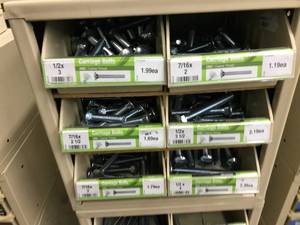 6 BIN CABINET WITH ASSORTED CARRIAGE BOLTS