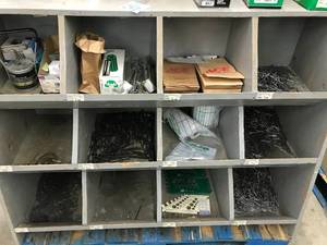WOOD STORAGE BIN WITH ASSORTED ITEMS