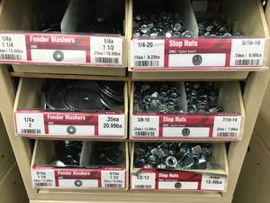 6 BIN CABINET WITH ASSORTED WASHERS AND NUTS