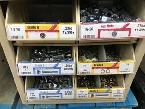 6 BIN CABINET WITH ASSORTED NUTS, WASHERS, SCREWS