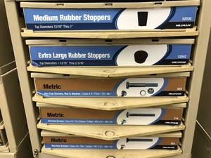 5 BINS WITH CABINET AND ASSORTED ITEMS